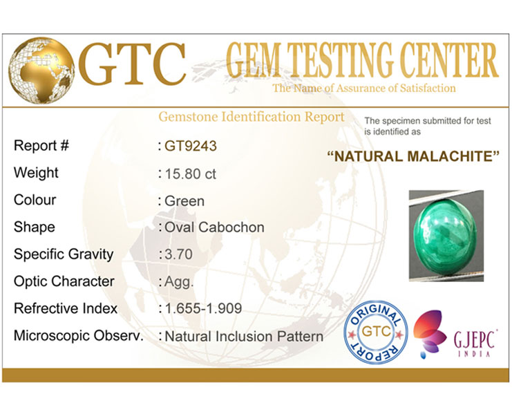 15.80 ct Natural Certified Malachite stone